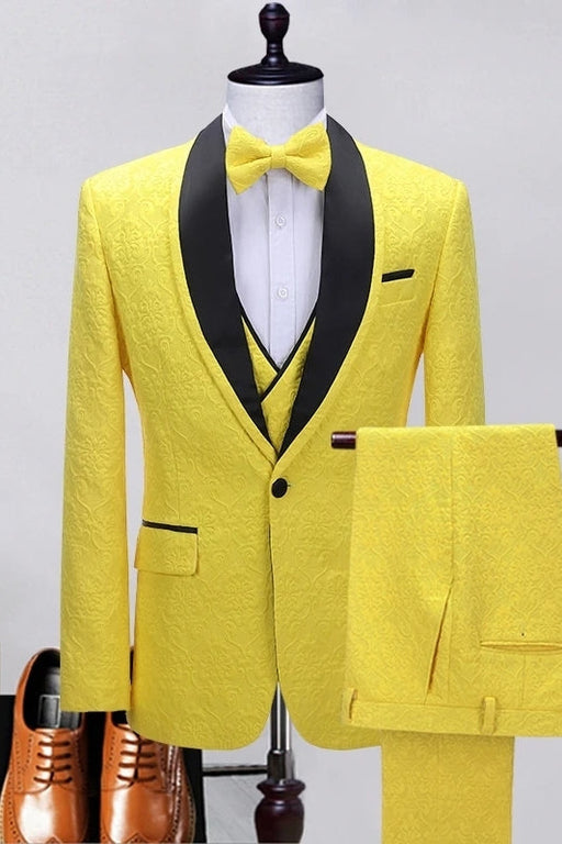 Blair Chic Yellow Shawl Lapel Three Pieces Jacquard Prom Suits