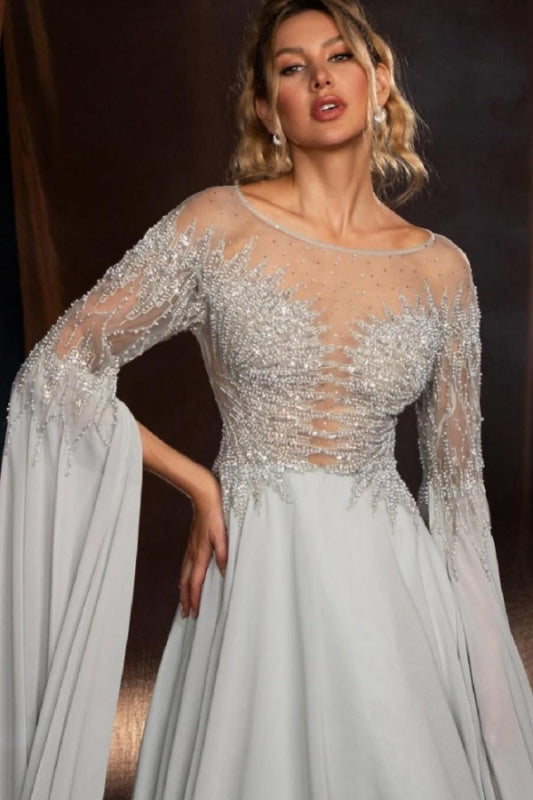 Chiffon Beaded Appliques Lace A-Line Long Sleeves Prom Dress