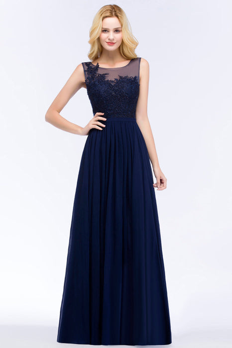 Bridelily Chiffon Lace Appliques Affordable Navy Bridesmaid Dress Online