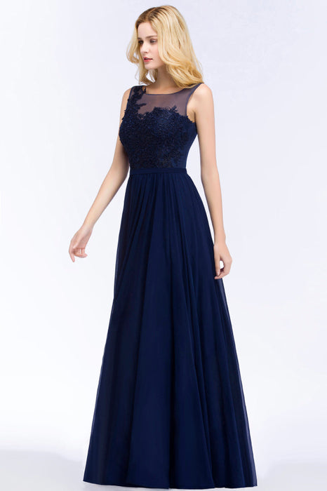 Bridelily Chiffon Lace Appliques Affordable Navy Bridesmaid Dress Online