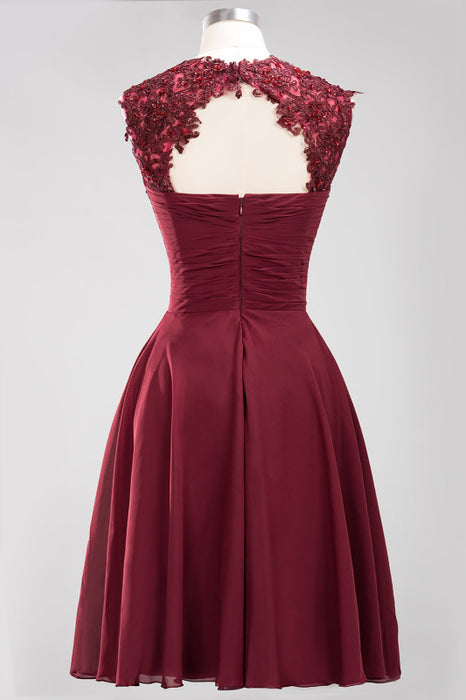 Bridelily Cute Chiffon Round Neck Short Burgundy Bridesmaid Dresses with Appliques