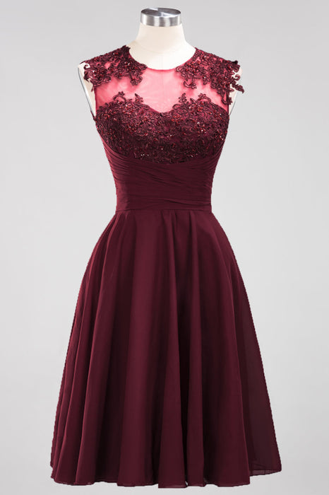 Bridelily Cute Chiffon Round Neck Short Burgundy Bridesmaid Dresses with Appliques