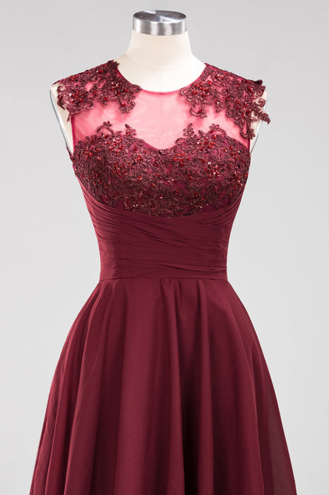 Bridelily Cute Chiffon Round Neck Short Burgundy Bridesmaid Dresses with Appliques