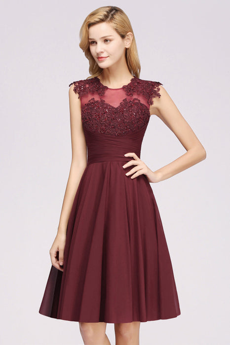 Bridelily Cute Chiffon Round Neck Short Burgundy Bridesmaid Dresses with Appliques