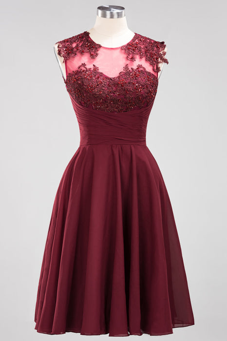 Bridelily Cute Chiffon Round Neck Short Burgundy Bridesmaid Dresses with Appliques