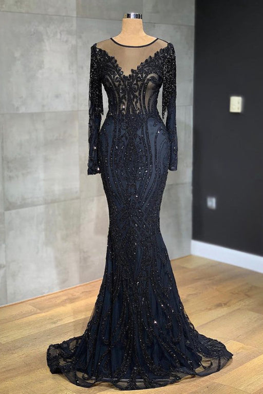 Classic Black Mermaid Prom Dress Long Sleeves with Tulle