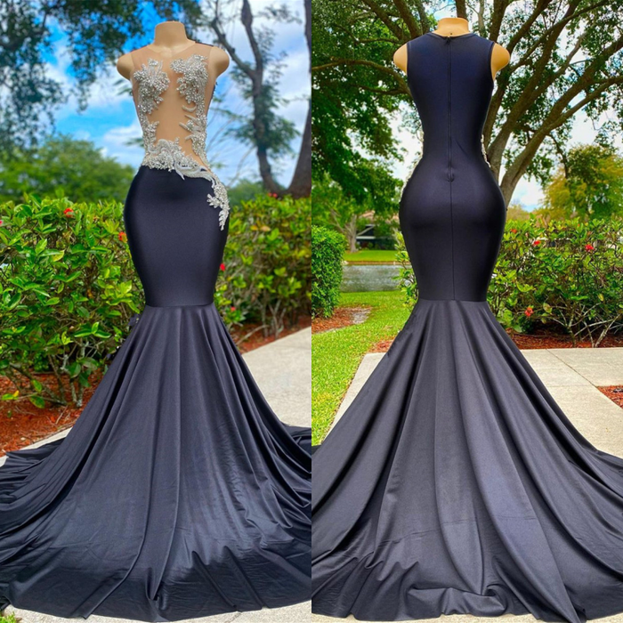 Classic Black Sleeveless Strapless Applique Mermaid Prom Dress