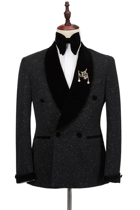 Steward Classic Black Sequins Double Breasted Wedding Suits With Velvet Shawl Lapel