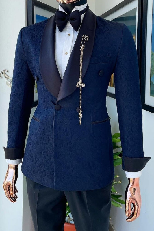 Burke Classic Dark Blue Shawl Lapel Double Breasted Jacquard Wedding Suits