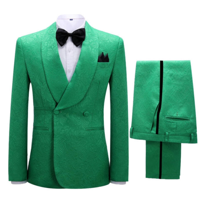 Vic Classic Green Jacquard Shawl Lapel Double Breasted Wedding Suits