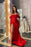 Classic Red Off-The-Shoulder Prom Dress with Ruffles and Slit