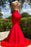 Classic Red One Shoulder Strapless Mermaid Prom Dress with Feather