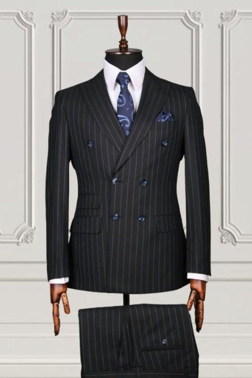 Clyde Classic Black Striped Peaked Lapel Double Breasted Business Suits