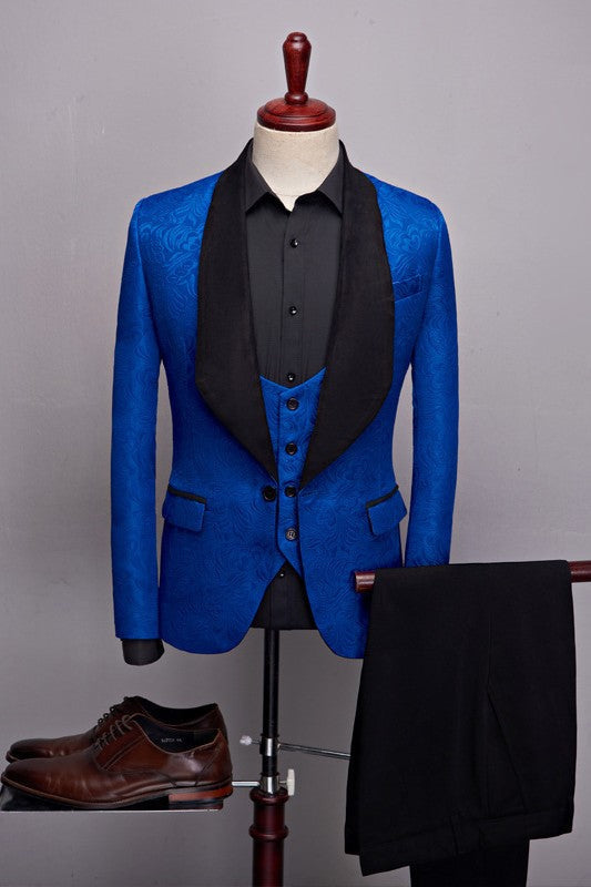 Classical Royal Blue Jacquard One Button Three Pieces Wedding Suits with Black Shawl Lapel