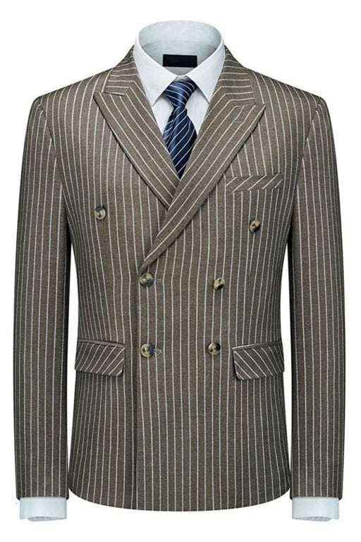 Mark Modern Coffee Double Breasted Peaked Lapel Striped Men Suits For Business