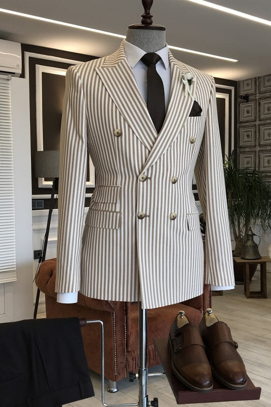 Hardy Simple Coffee Striped Peaked Lapel Double Breasted Business Suits