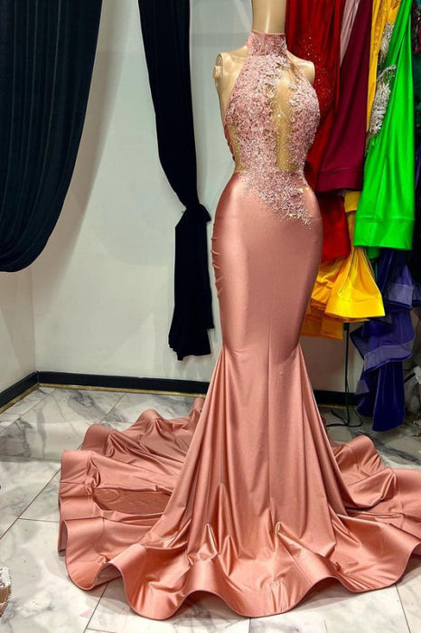 Coral Red Mermaid Prom Dress with Sleeveless Halter and Appliques