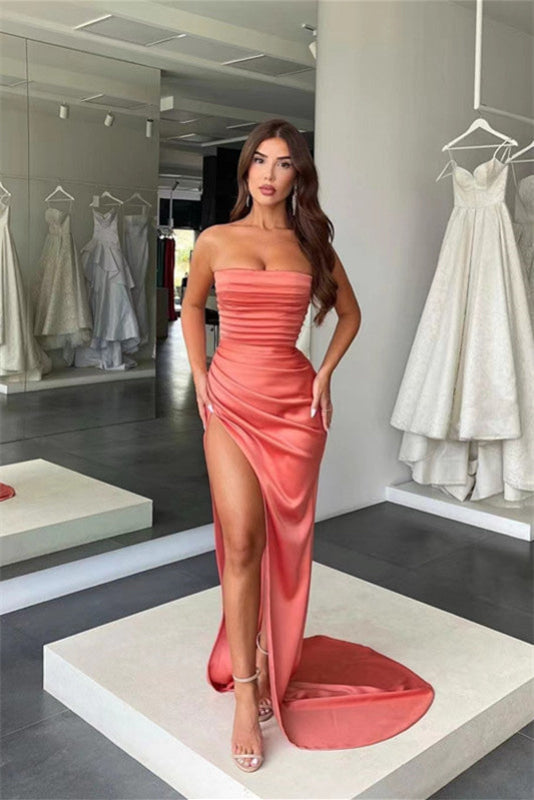 Coral Strapless Mermaid Prom Dress with Split Pleats