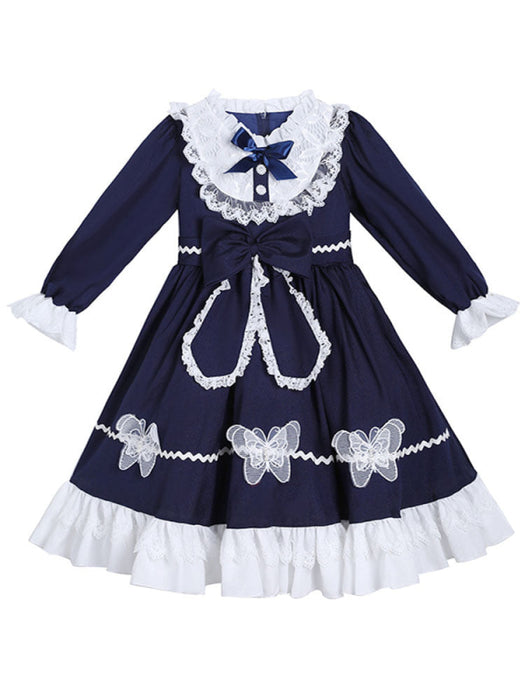 Flower Girl Dresses Navy Blue Designed Neckline Tulle Long Sleeves Knee-Length A-Line Bows Kids Party Dresses