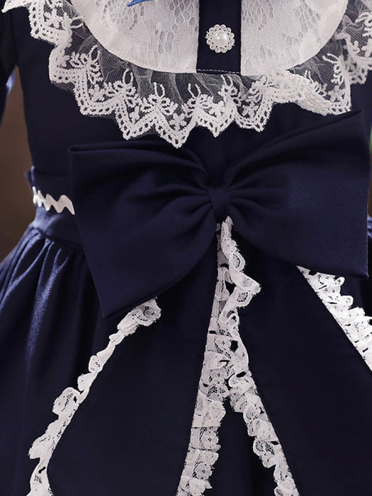 Flower Girl Dresses Navy Blue Designed Neckline Tulle Long Sleeves Knee-Length A-Line Bows Kids Party Dresses