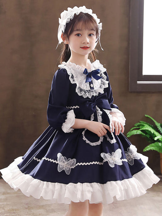 Flower Girl Dresses Navy Blue Designed Neckline Tulle Long Sleeves Knee-Length A-Line Bows Kids Party Dresses