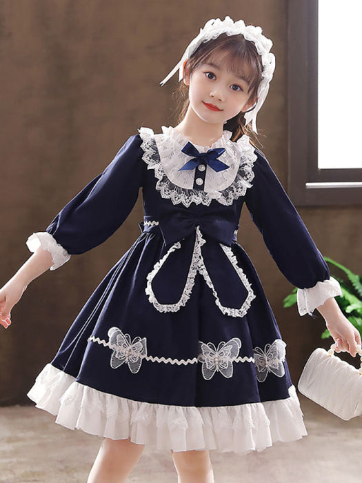 Flower Girl Dresses Navy Blue Designed Neckline Tulle Long Sleeves Knee-Length A-Line Bows Kids Party Dresses