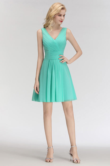 Bridelily Cute V-Neck Sleeveless Short Chiffon Affordable Bridesmaid Dresswith Ruffle