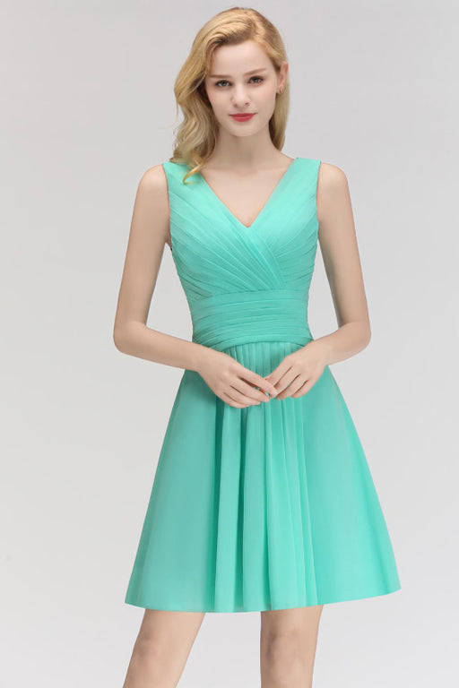 Bridelily Cute V-Neck Sleeveless Short Chiffon Affordable Bridesmaid Dresswith Ruffle