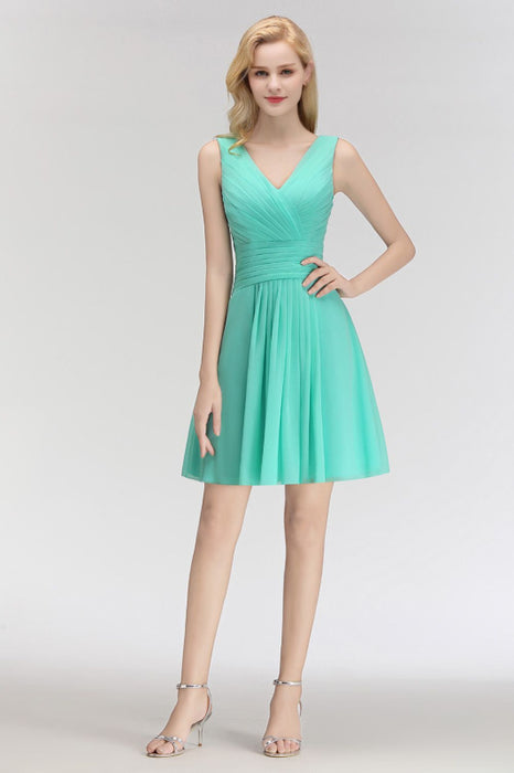 Bridelily Cute V-Neck Sleeveless Short Chiffon Affordable Bridesmaid Dresswith Ruffle