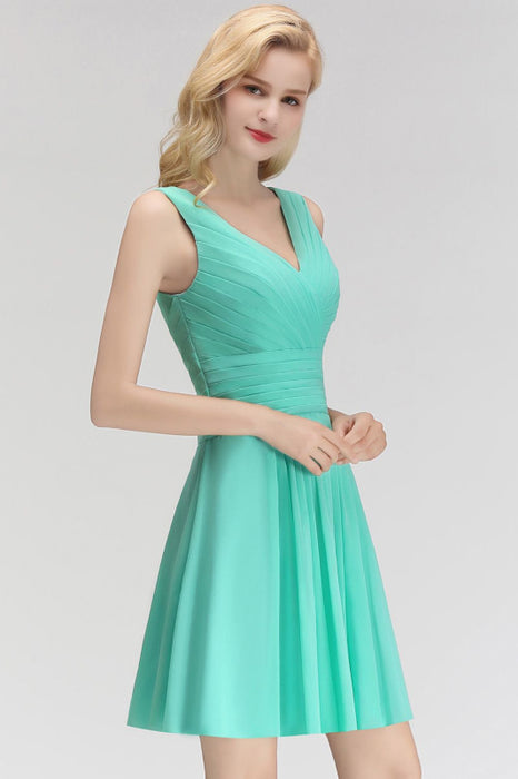 Bridelily Cute V-Neck Sleeveless Short Chiffon Affordable Bridesmaid Dresswith Ruffle