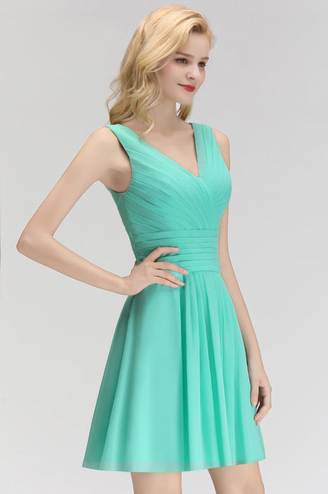 Bridelily Cute V-Neck Sleeveless Short Chiffon Affordable Bridesmaid Dresswith Ruffle