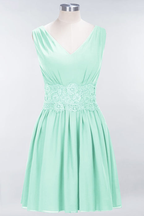 Bridelily Pretty V-Neck Short Sleeveless Lace Bridesmaid Dresses Online