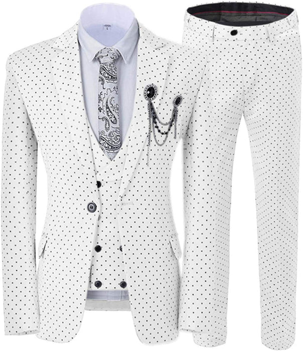 Hunter Bespoke White Notched Lapel Three Pieces Prom Suits With Black Dot