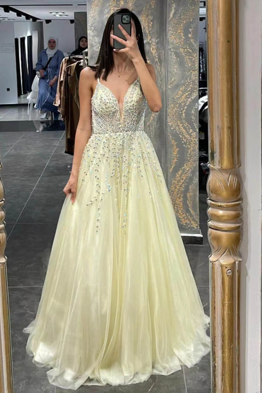 Daffodil Spaghetti-Strap Tulle A-Line Prom Dress with Beadings