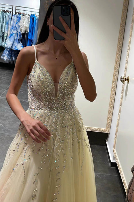 Daffodil Spaghetti-Strap Tulle A-Line Prom Dress with Beadings