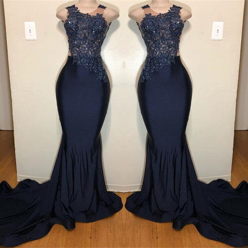 Dark Blue Appliqued Sleeveless Mermaid Prom Dress