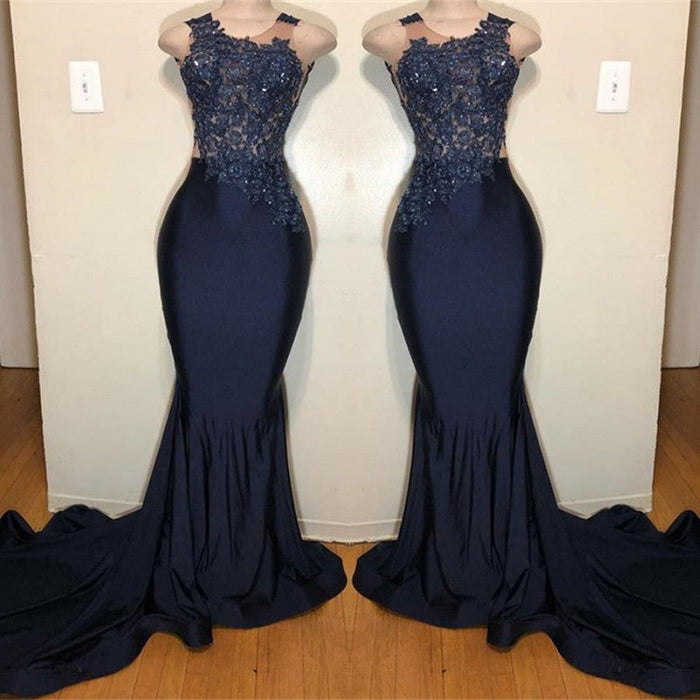 Dark Blue Appliqued Sleeveless Mermaid Prom Dress