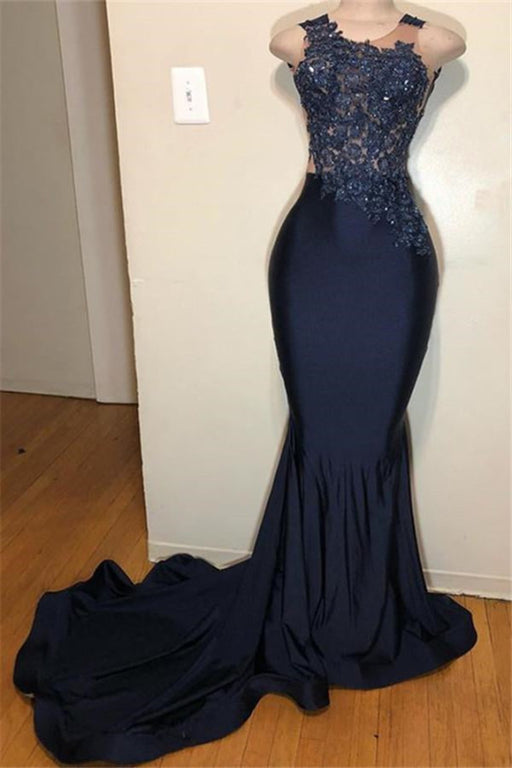 Dark Blue Appliqued Sleeveless Mermaid Prom Dress