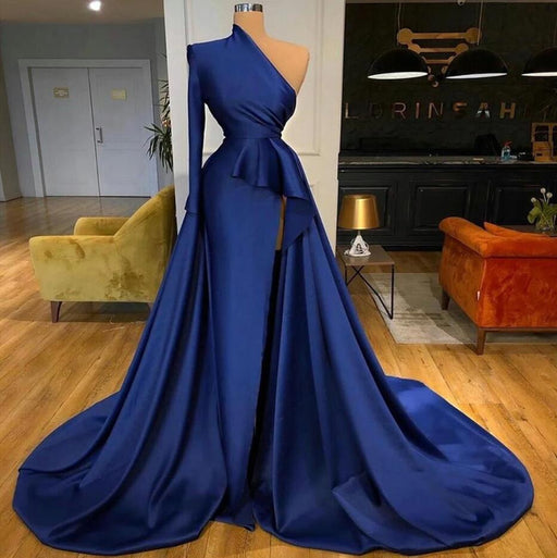 Dark Blue Long Sleeve Mermaid Prom Dress with Split