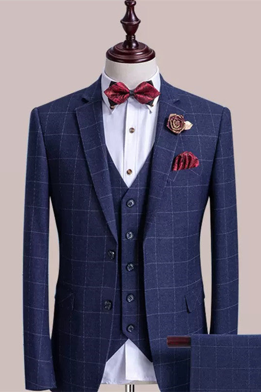 Dana Bespoke Blue Three Pieces Notched Lapel Plaid Business Suits