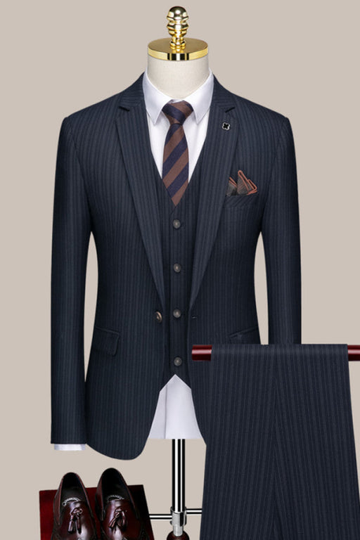 Tyler Dark Blue Striped Notched Lapel Three Pieces Formal Suits for Business