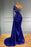 Dark Blue One Shoulder Long Sleeve Mermaid Prom Dress with Beads