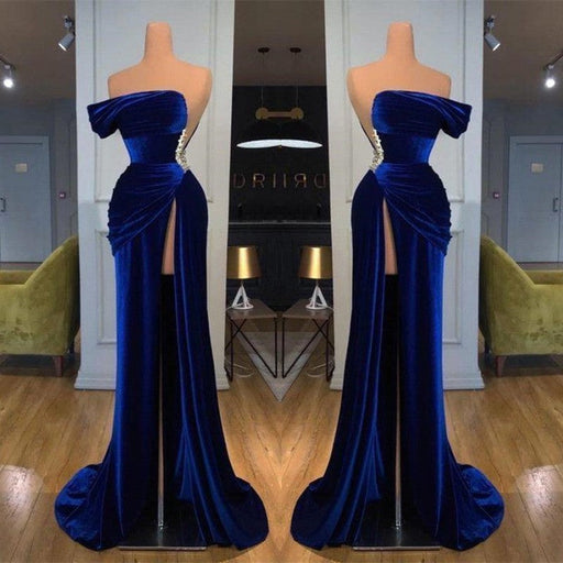 Dark Blue One-Shoulder Mermaid Prom Dress Long Split with Beads