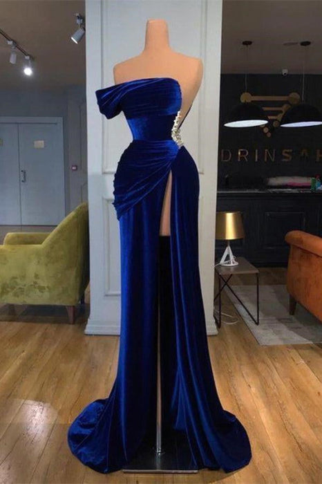 Dark Blue One-Shoulder Mermaid Prom Dress Long Split with Beads