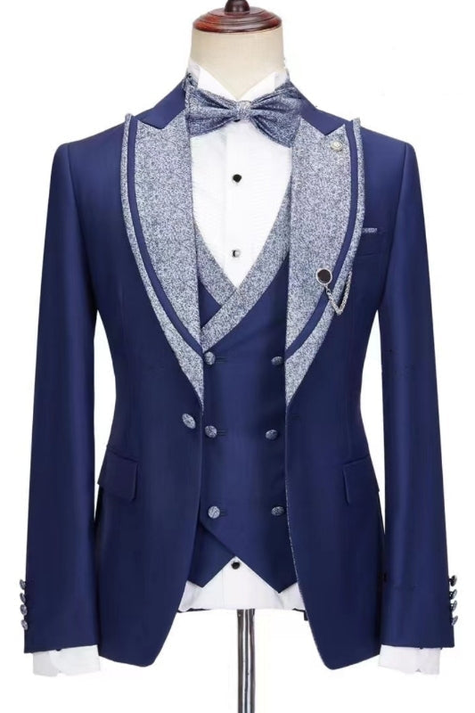 Newest Dark Blue Bespoke Peaked Lapel Three Pieces Wedding Suits