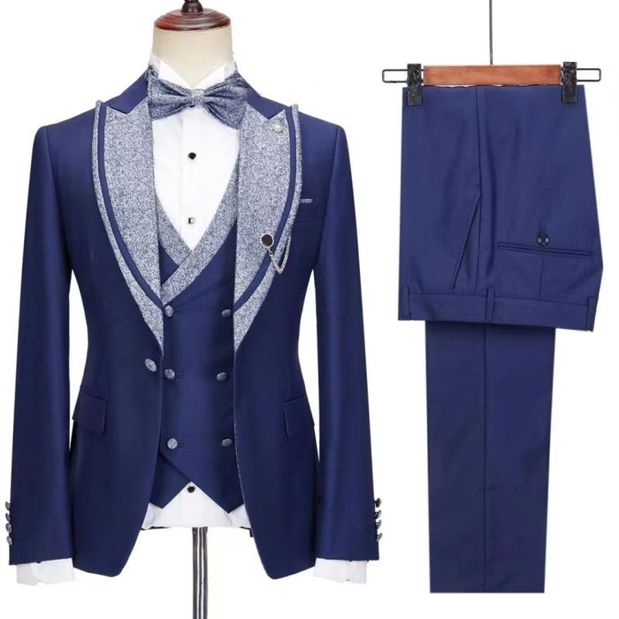 Newest Dark Blue Bespoke Peaked Lapel Three Pieces Wedding Suits