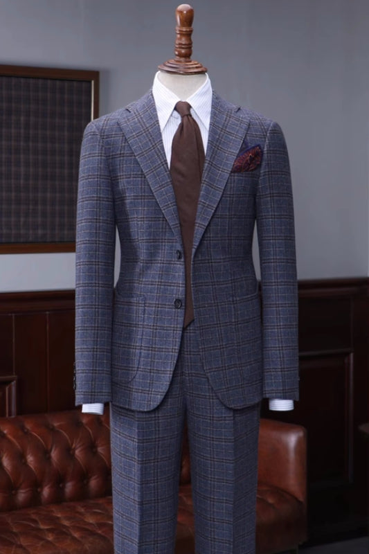 Carlos Bespoke Dark Blue Plaid Notched Lapel Business Suits