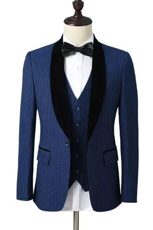 Allen Newest Dark Blue Shawl Lapel Three Pieces Striped Wedding Suits