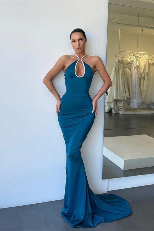 Dark Blue Sleeveless Halter Long Mermaid Prom Dress