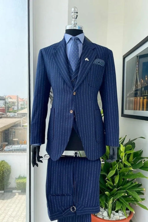 Clare Dark Blue Notched Lapel Striped Three Pieces Bespoke Business Suits